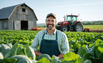 A farmer using a laptop to manage SEO and improve farm website visibility