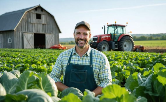 A farmer using a laptop to manage SEO and improve farm website visibility