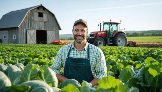 A farmer using a laptop to manage SEO and improve farm website visibility